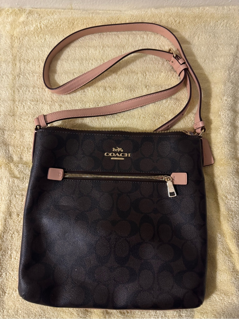 Coach Dark Brown Signature Crossbody with Blush Pink Strap